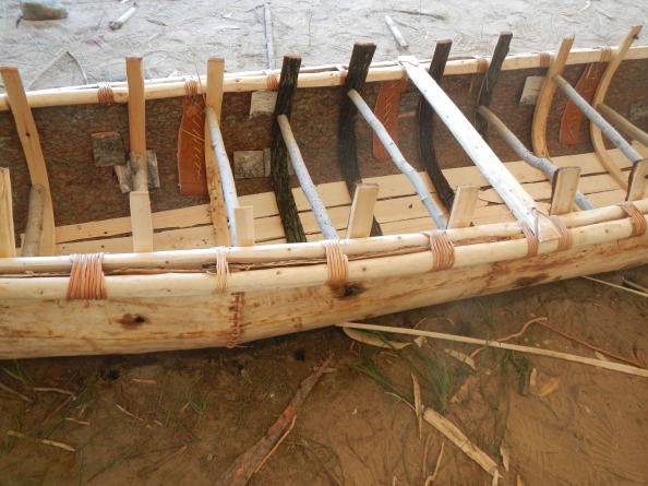 Ribs are bent and drying in the canoe